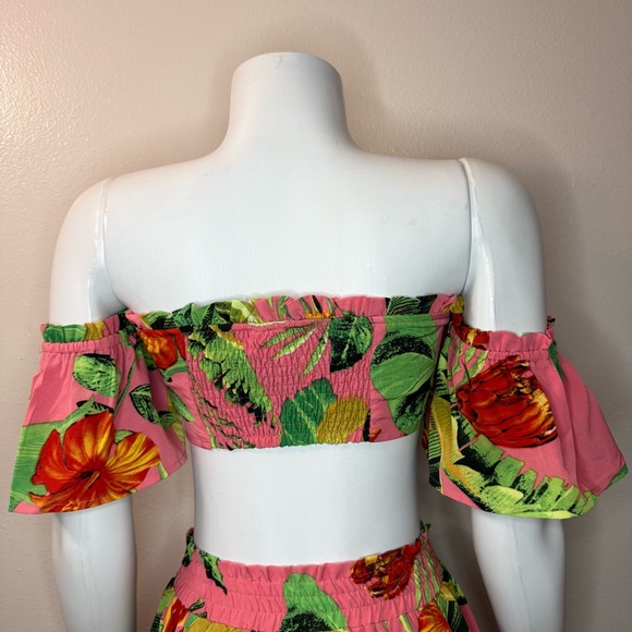 Peach floral print high waisted wide leg pants off the shoulder crop top set - Picture 6 of 10